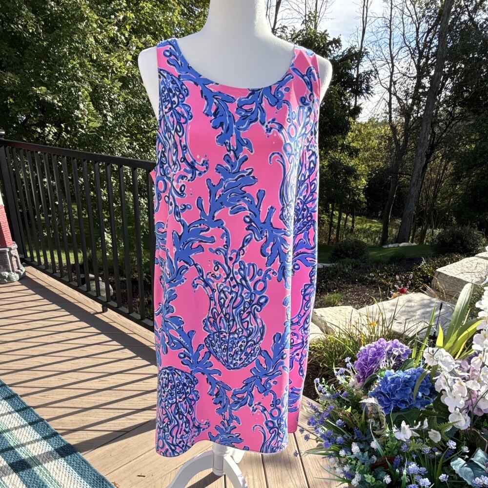 Lilly Pulitzer Pink Blue Floral Sleeveless Scoop Neck Shift Knee Dress XL (258)